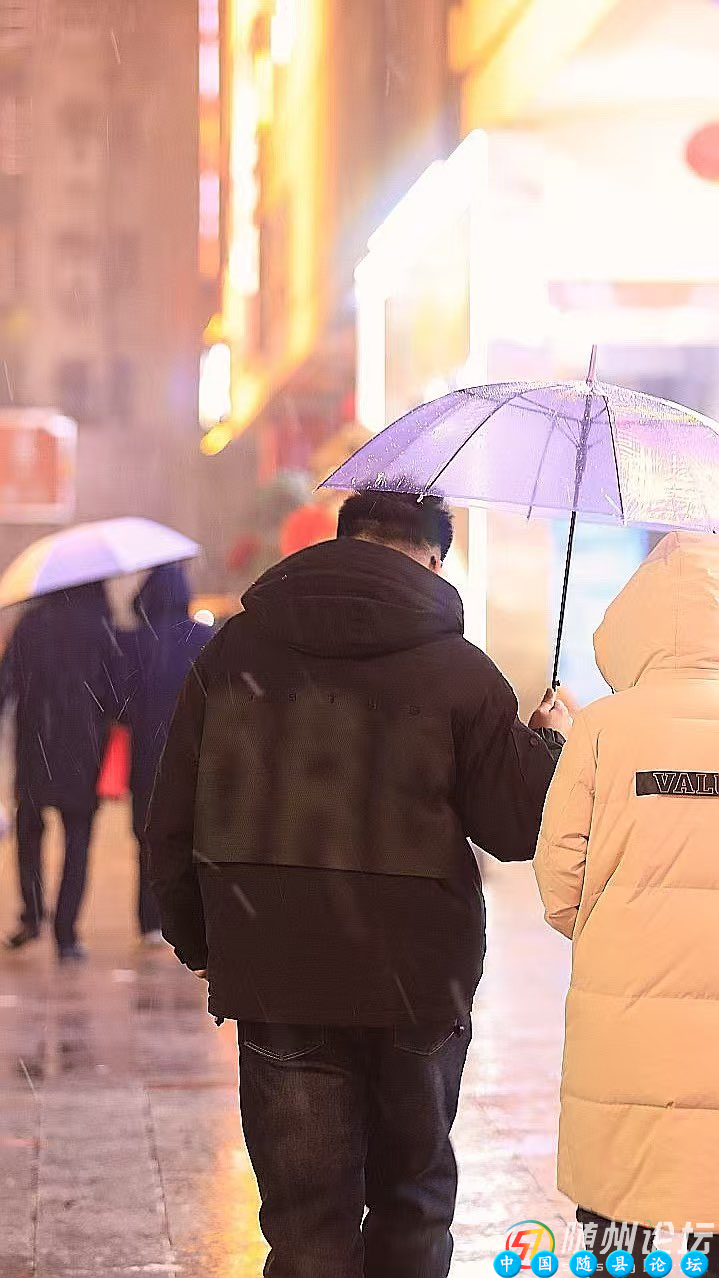 随州初雪夜 归人暖街景